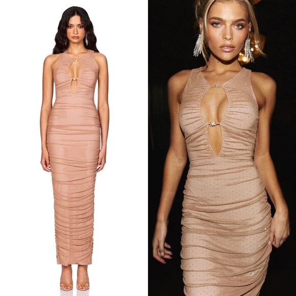 Nookie Dresses & Skirts - NWT Nookie Crystal Halter Maxi Dress in Nude Size Small